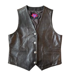 Vintage Verducci Large Brown Leather Vest Buffalo Nickel Buttons 90s Motorcycle